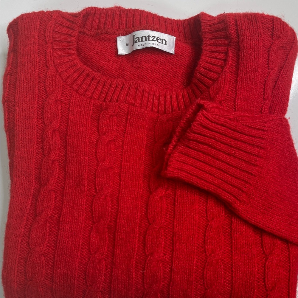 Vintage Wool Cable Knit Crewneck Sweater Red Jantzen Size Medium